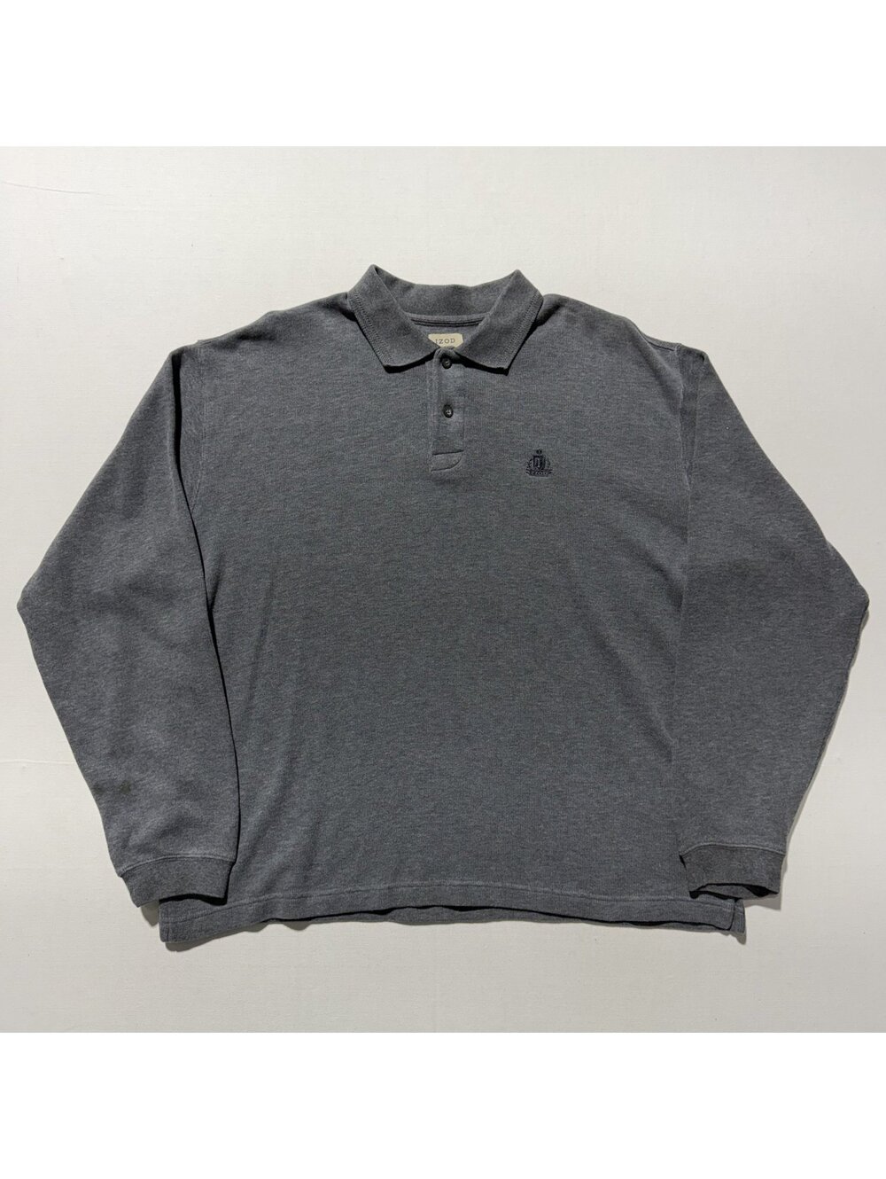 Izod Gray Long Sleeve Polo Shirt Crest Logo Vintage Preppy